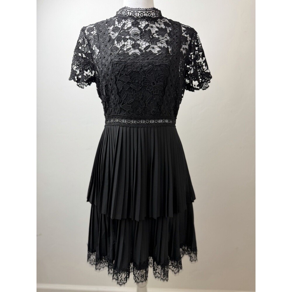 Zara Dress M Black Lace Pleated Layered Skirt High Neck Short Sleeve
